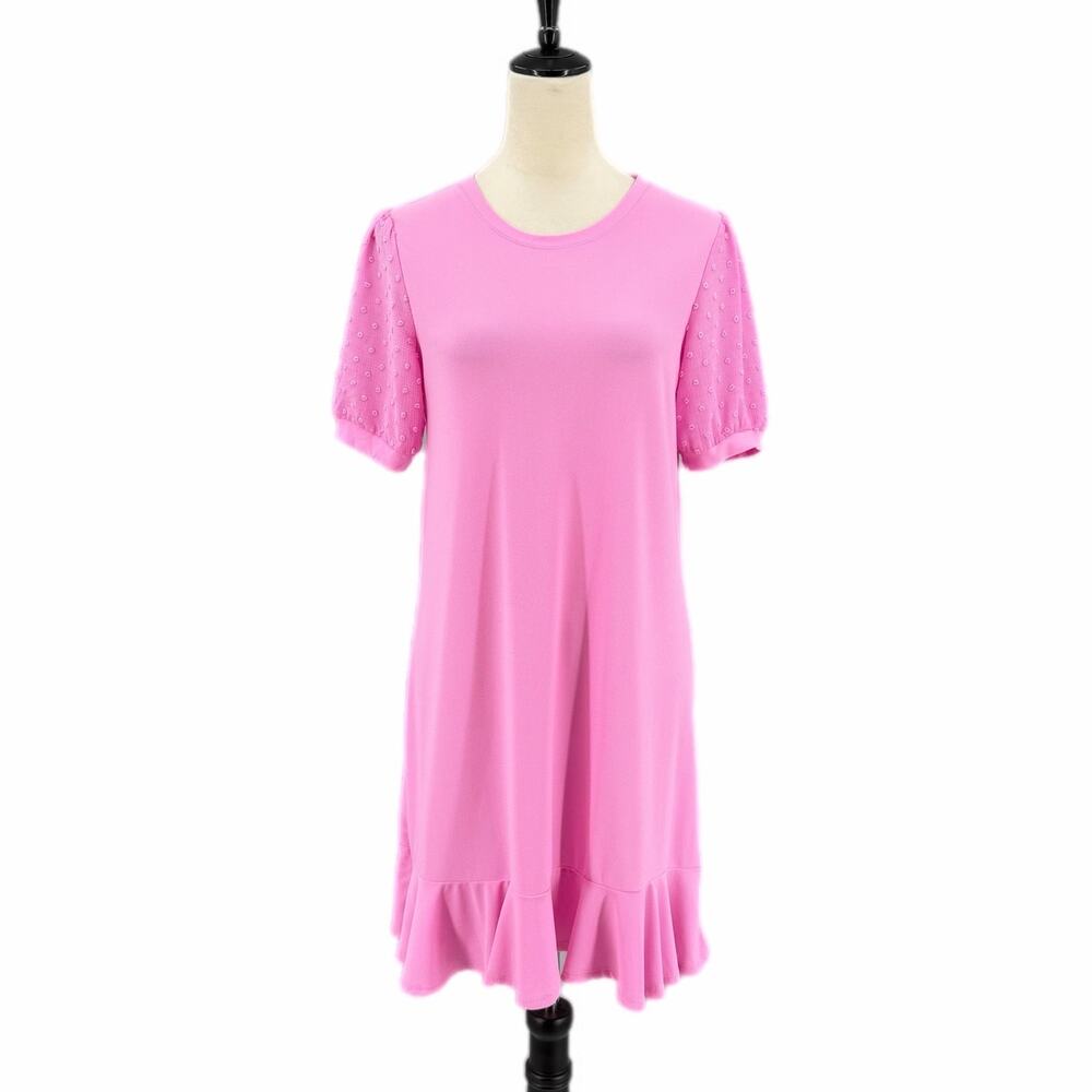 Cece Bubblegum Pink Clip Dot Short Puff Sleeve Ruffle Mini Babydoll Shift Dress